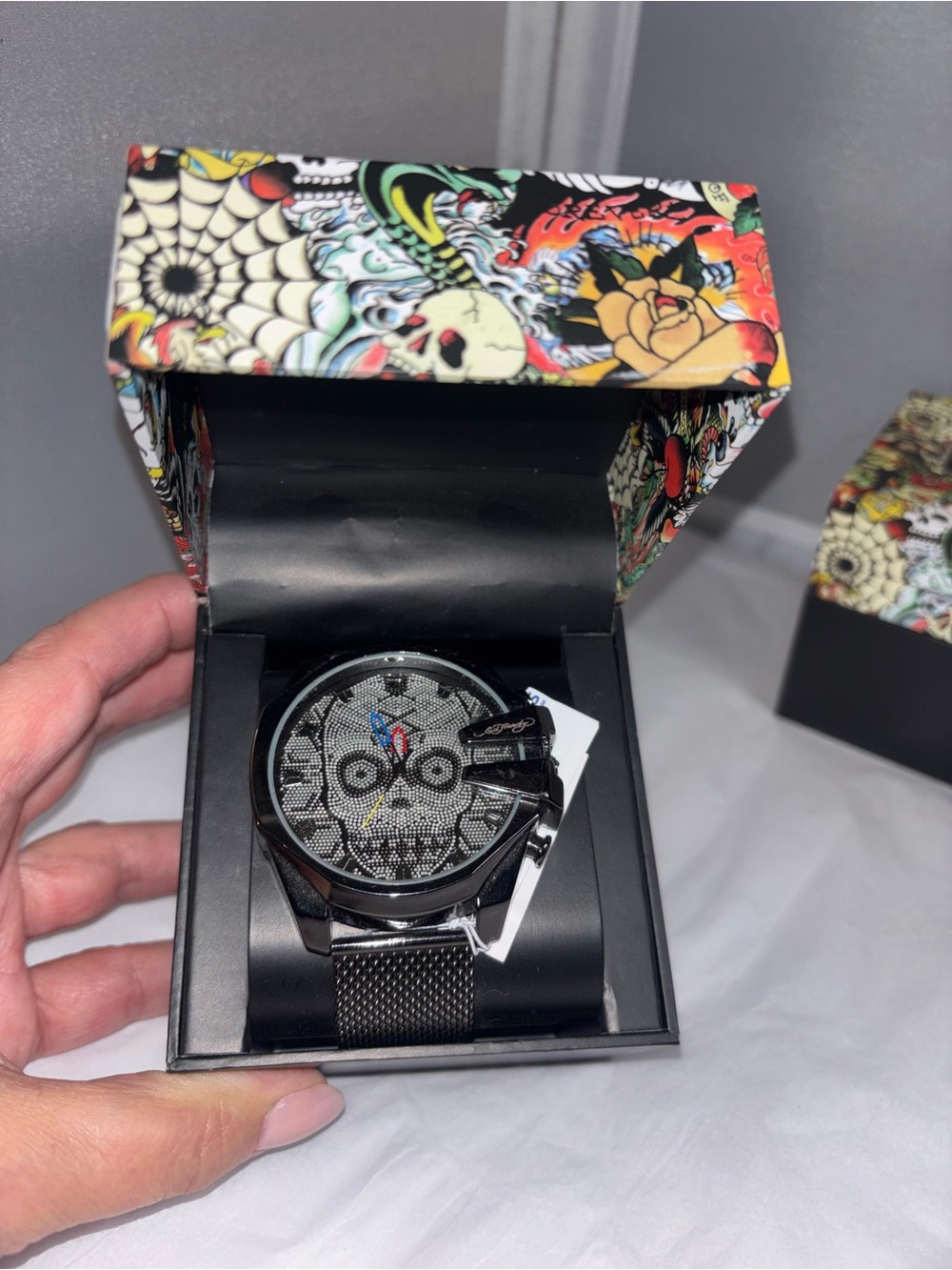 New Authentic Ed Hardy Men's Black Skull Mesh Dial Watch